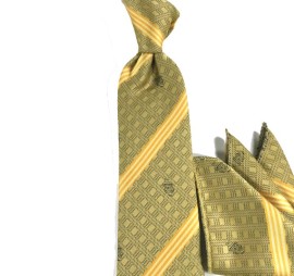 Sarı Turuncu Özel Çizgili Mendilli Kravat 27559