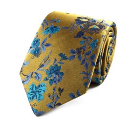 Altın Hardal Sarı Mavi Lacivert Özel Dokuma Çiçek Desenli Kravat 27983