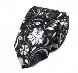 Siyah Beyaz Gri Özel Dokuma Çiçek Desenli Baskılı Kravat 19438
