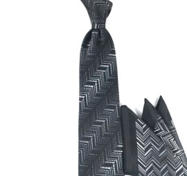 Siyah Beyaz Özel Desenli Mendilli Kravat 21906