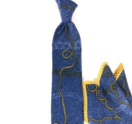 Mavi Sarı Özel Desenli Özel Dokuma Pamuklu Mendilli Kravat 21954