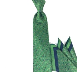 Yeşil Turuncu Özel Çiçek Desenli Mendilli Kravat 23673