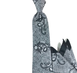 Gri Siyah Beyaz Şal Desenli Mendilli Kravat 23841