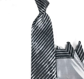 Siyah Beyaz Özel Çizgi Desenli Mendilli Kravat 25296