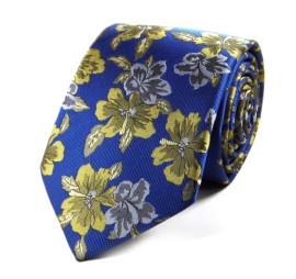 Gök Mavi Hardal Sarı Gri Beyaz Özel Dokuma Çiçek Desenli Kravat 25604