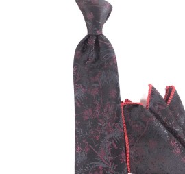Siyah Bordo Gri Çiçek Desenli Mendilli Kravat 25655