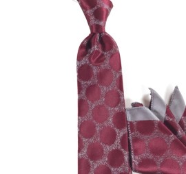 Bordo Gri Puantiye Desenli Mendilli Kravat 25717