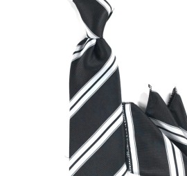Siyah Beyaz Çizgili Mendilli Geniş Kravat 25576