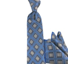 Soft İndigo Mavisi Bej Özel Kare Desenli Mendilli Kravat 25974