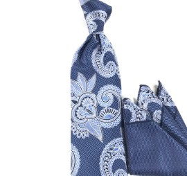 Mavi Lacivert Beyaz Özel Dokuma Özel Şal Desenli Mendilli Kravat 26059