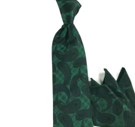 Zümrüt Yeşil Siyah Şal Desenli Mendilli Kravat 26314