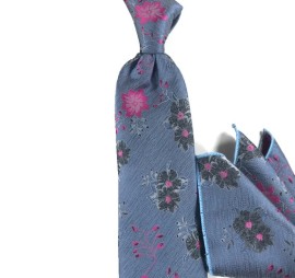 Soft Mavi Fuşya Gri Özel Çiçek Desenli Mendilli Kravat 26447