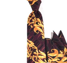 Bordo Siyah Sarı Renkli Çiçekli Pliseli Özel Mendilli Kravat 27160
