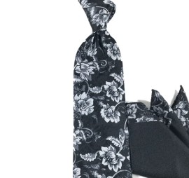 Siyah Gri Beyaz Özel Dokuma Çiçek Desenli Mendilli Kravat 27423