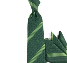 Yeşil Siyah Özel Çizgili Mendilli Kravat 27454
