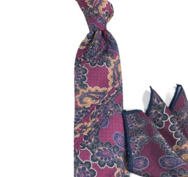 Soft Bordo Hardal Sarı Lacivert Özel Şal Desenli Pliseli Mendilli Kravat 28044