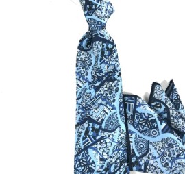 Mavi Lacivert Beyaz Özel Desenli Pliseli Mendilli Kravat 28830