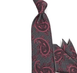 Füme Gri Gül Kurusu Pembe Şal Desenli Mendilli Kravat 30599