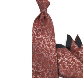Taba Turuncu Gri Beyaz Özel Dokuma Özel Desenli Mendilli Kravat 31084