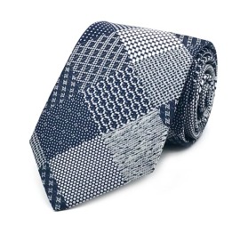 Soft Lacivert Beyaz Özel Dokuma Patchwork Desenli Kravat 31093