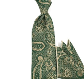 Yeşil Bej Özel Şal Desenli Mendilli Kravat 31183