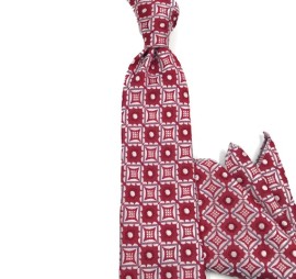 Soft Kırmızı Beyaz Özel Desenli Mendilli Kravat 31202
