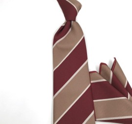 Bej Bordo Krem Özel Dokuma Modern Çizgili Mendilli Kravat 31279