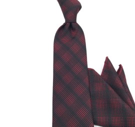 Bordo Kırmızı Siyah Kareli Mendilli Kravat 31298