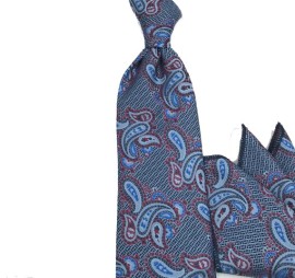 Soft Mavi Lacivert Kırmızı Özel Dokuma Şal Desenli Mendilli Kravat 31317