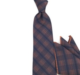 Soft Turuncu Lacivert Silüet Kareli Mendilli Kravat 31326