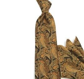 Sarı Turuncu Siyah Şal Desenli Mendilli Kravat 31366