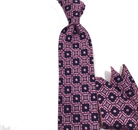 Pembe Lacivert Özel Desenli Mendilli Kravat 31378