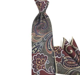 Bej Taba Kahve Sarı Özel Şal Desenli Mendilli Kravat 31446