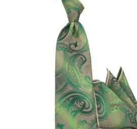 Bej Yeşil Şal Desenli Mendilli Kravat 31720