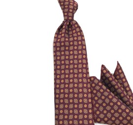 Bordo Mürdüm Hardal Sarı Küçük Desenli Mendilli Kravat 31748