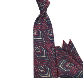 Lacivert Bordo Bej Özel Desenli Mendilli Kravat 31777