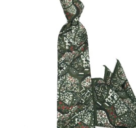 Haki Yeşil Beyaz Kırmızı Özel Desenli Mendilli Pliseli Kravat  31810