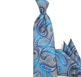 Soft Mavi Lacivert Gri Şal Desenli Mendilli Kravat 31813