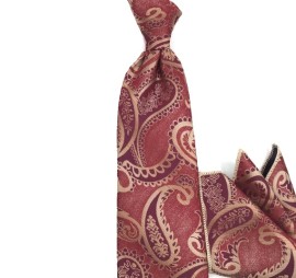 Soft Bordo Bej Mürdüm Şal Desenli Mendilli Kravat 31815