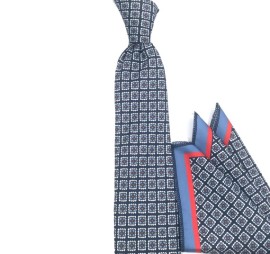 Lacivert Kırmızı Beyaz Özel Kare Desenli Baskılı Mendilli Kravat 31826