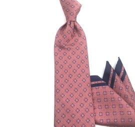 Gül Kurusu Pembe Mavi Lacivert Küçük Desenli Mendilli Kravat 31828