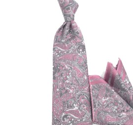 Pembe Gri Beyaz Özel Dokuma Şal Desenli Mendilli Kravat 31908