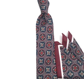 Lacivert Bordo Kırmızı Sarı Özel Desenli Baskılı Mendilli Kravat 31920
