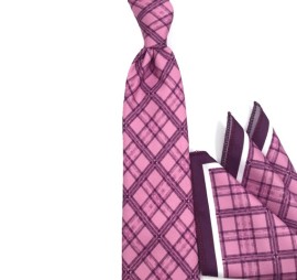 Gül Kurusu Pembe Lacivert Ekoseli Baskılı Mendilli Kravat 31944