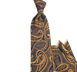 Hardal Sarı Lacivert Şal Desenli Mendilli Kravat 31960