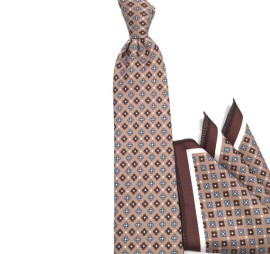 Bej Kahve Mavi Küçük Desenli Baskılı Mendilli Kravat 31962