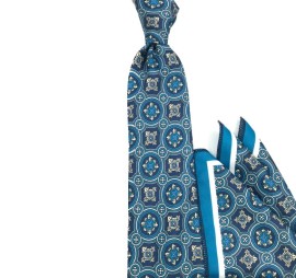 Mavi Lacivert Beyaz Özel Desenli Baskılı Mendilli Kravat 31966