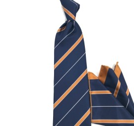 Lacivert Hardal Sarı Özel Dokuma Çizgili Mendilli Kravat 31970