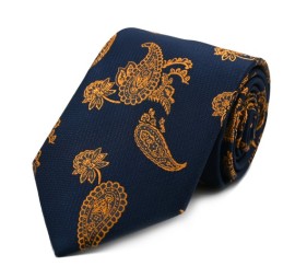 Lacivert Hardal Sarı Özel Dokuma Şal Desenli Kravat 32020