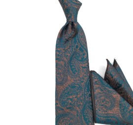Turkuaz Mavi Kahve Şal Desenli Mendilli Kravat 32021
